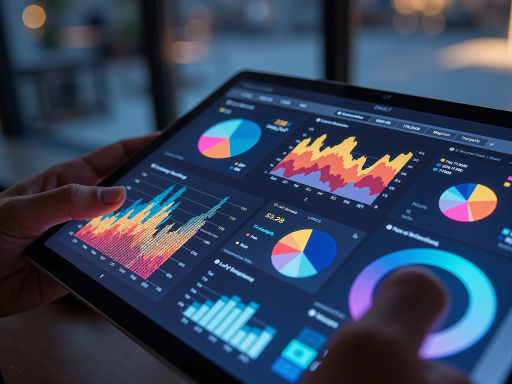 数据分析工具仪表板界面，显示各种图表和统计数据，深色背景配蓝色高亮